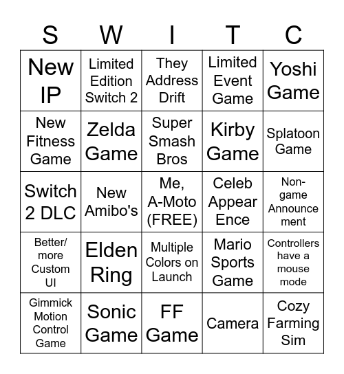 Switch 2 Bingo Card