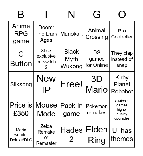 Switch 2 Direct Bingo Card