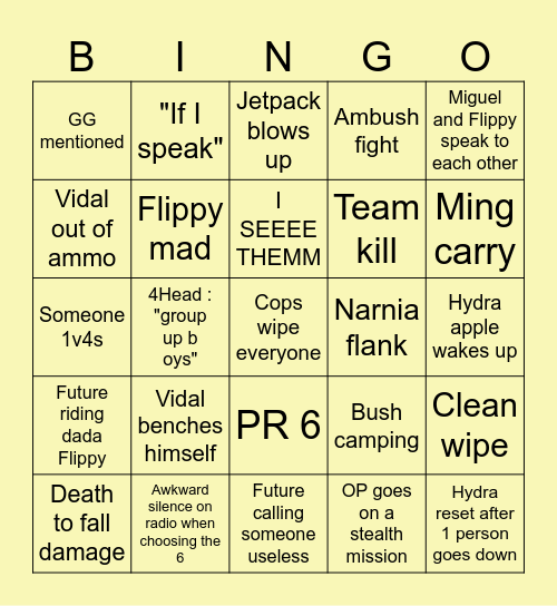 Hydra war bingo Card