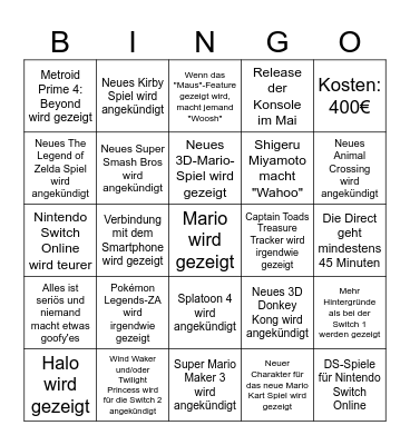 Nintendo Switch 2 Direct Bingo Card