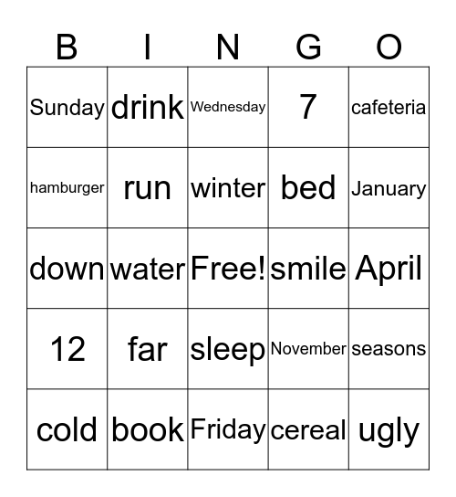 ESOL Vocabulary Bingo Card