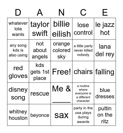 competiton bingo (not including kds routines) Bingo Card