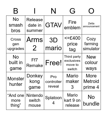 Switch 2 Bingo Card