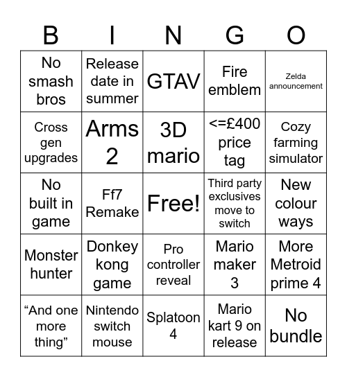 Switch 2 Bingo Card
