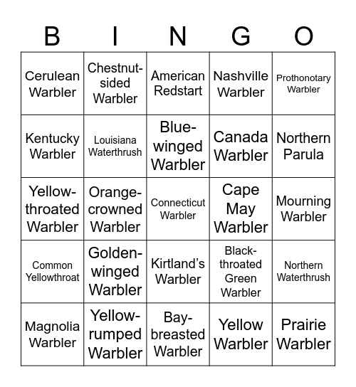 Ohio Warbler Bingo Card