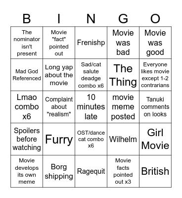 IaytchG Movie Bingo Card