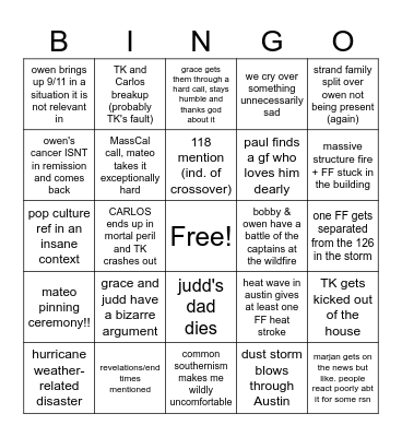 911 Lone Star Season 2 Bingo Card