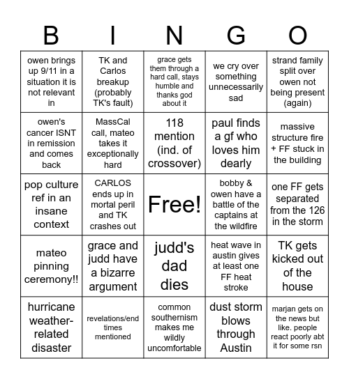 911 Lone Star Season 2 Bingo Card