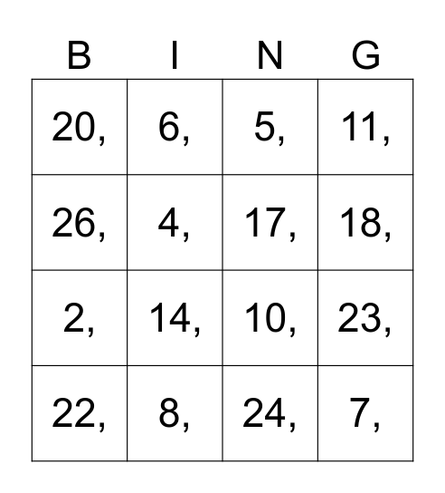 Hebrew Bingo Card