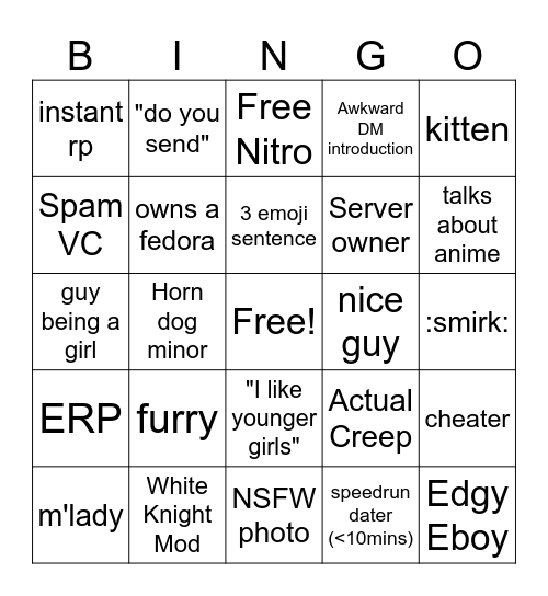 Discord Creep Bingo Card