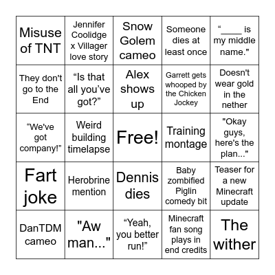 Minecraft Movie Bingo Card