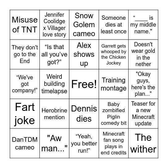 Minecraft Movie Bingo Card