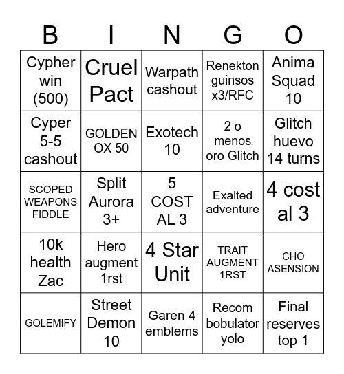 TFT Set 14 BINGO Card