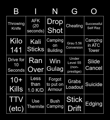 Warzone Bingo Card