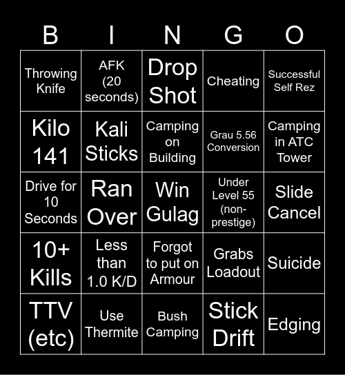 Warzone Bingo Card