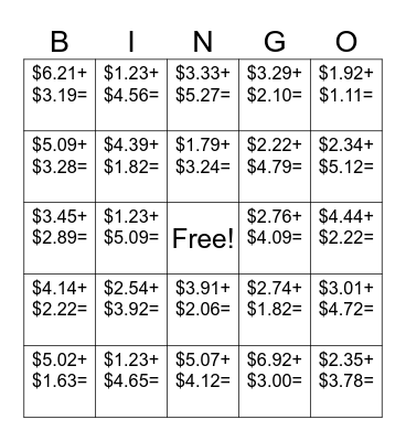 Money Math Bingo Card