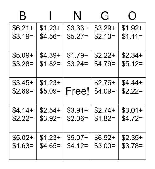 Money Math Bingo Card