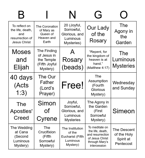 Rosary Bingo Card