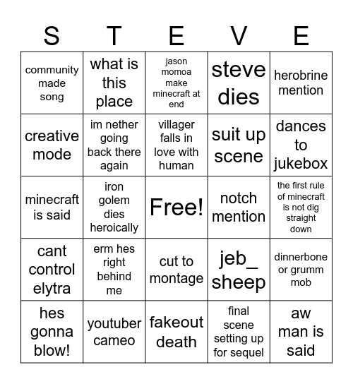 Minecraft Moive Bingo Card
