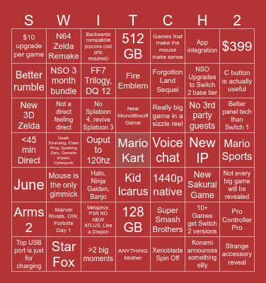 Nintendo Switch 2 Direct Bingo Card
