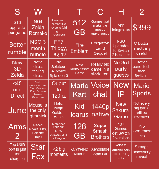 Nintendo Switch 2 Direct Bingo Card