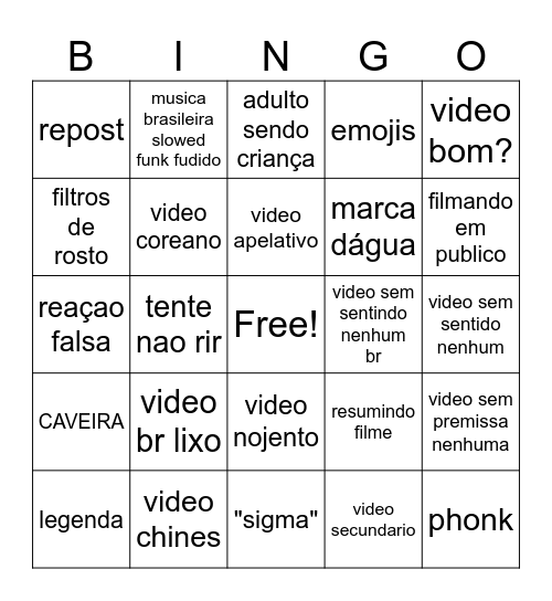 YT SHORTS Bingo Card