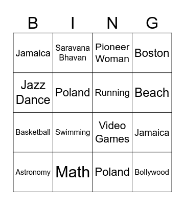 Student Interests and Likes Bingo Card