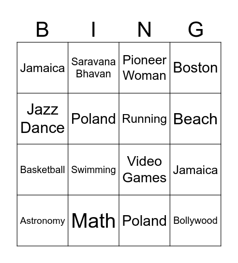 Student Interests and Likes Bingo Card