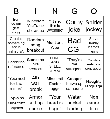 Minecraft Movie Bingo Card