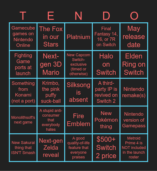 Nintendo Switch 2 Direct Predictions Bingo Card