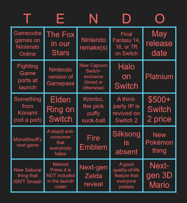 Nintendo Switch 2 Direct Predictions Bingo Card