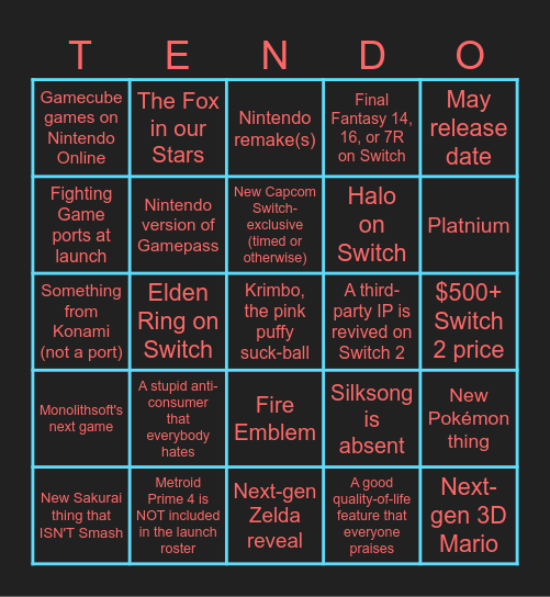 Nintendo Switch 2 Direct Predictions Bingo Card
