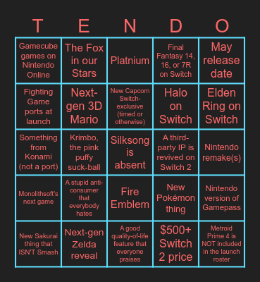 Nintendo Switch 2 Direct Predictions Bingo Card