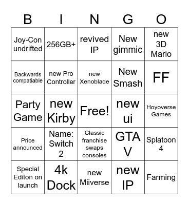Nintendo Switch 2 Bingo Card