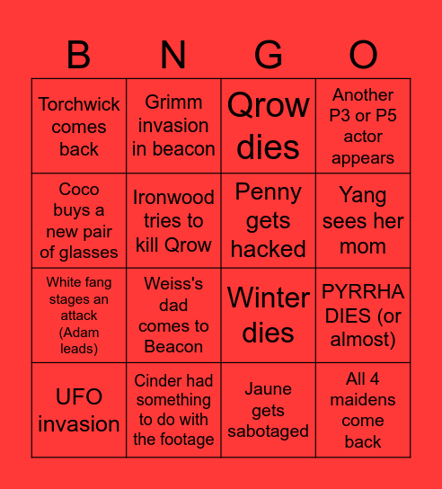 RWBY BNGO 2 Bingo Card