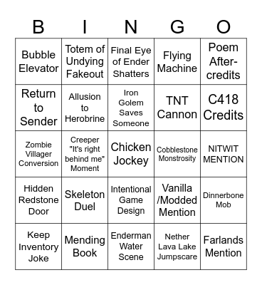 Minecraft Movie Bingo Card