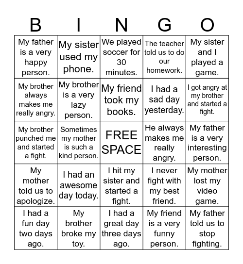 My Brother and I Got in an Argument Bingo Card