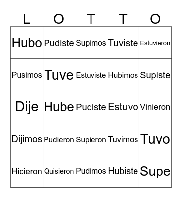 U AND I PRETERITE VERBS Bingo Card