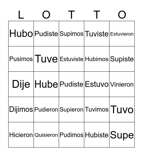 U AND I PRETERITE VERBS Bingo Card