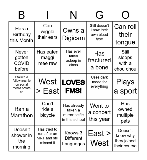 FMS Orientation Bingo Card