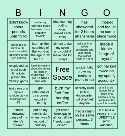 random stuff i experienced Bingo Card