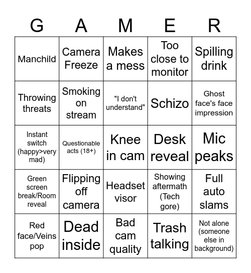 Gamer Rage Bingo Card