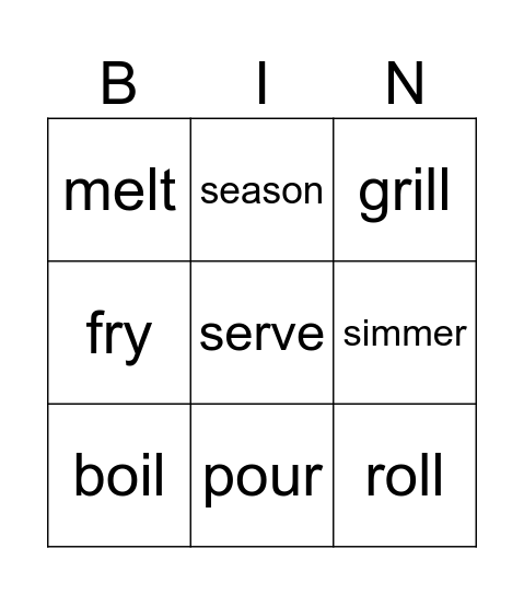 Cooking verbs Bingo Card
