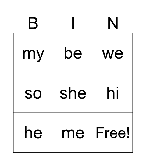 Open syllables Bingo Card