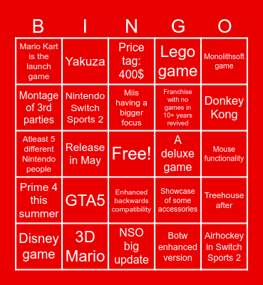 Nintendo Direct Nintendo Switch 2 Bingo Card