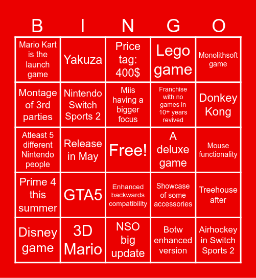 Nintendo Direct Nintendo Switch 2 Bingo Card