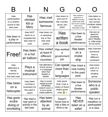 African Missionary Birthday Bingo Card