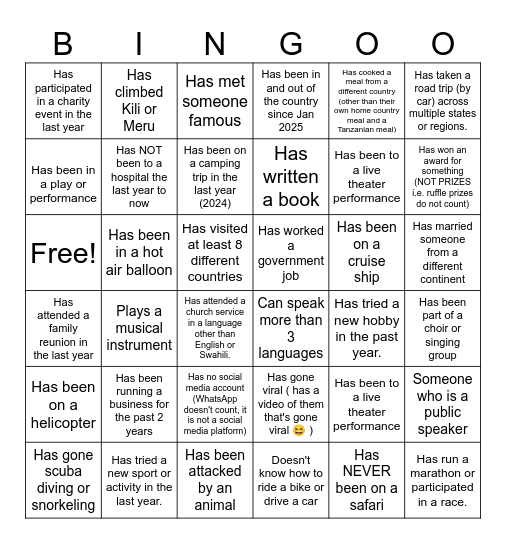 African Missionary Birthday Bingo Card