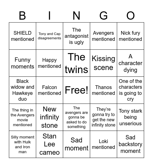 Avengers : Age of Ultron Bingo Card