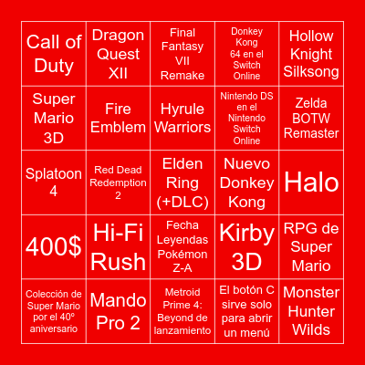 Nintendo Direct Nintendo Switch 2 Bingo Card